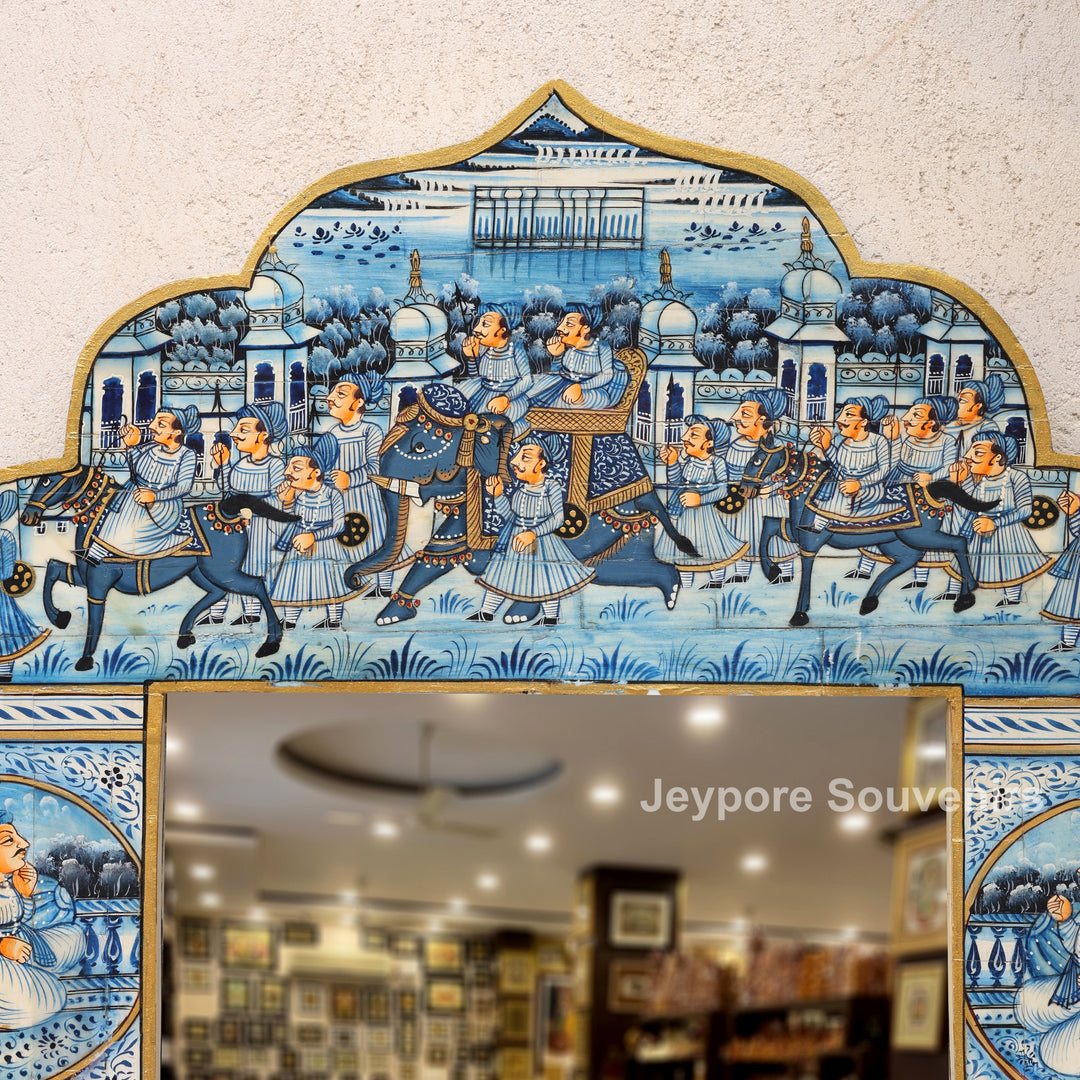 Handcrafted Blue Pottery Style Royal Procession Camel Bone Inlay Mirror Frame
