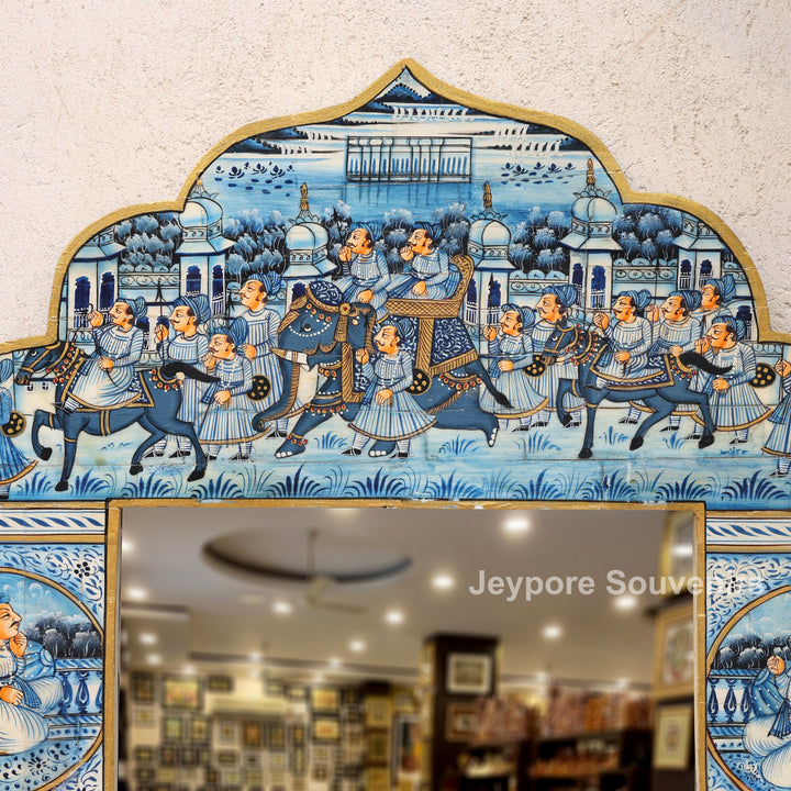 Handcrafted Blue Pottery Style Royal Procession Camel Bone Inlay Mirror Frame