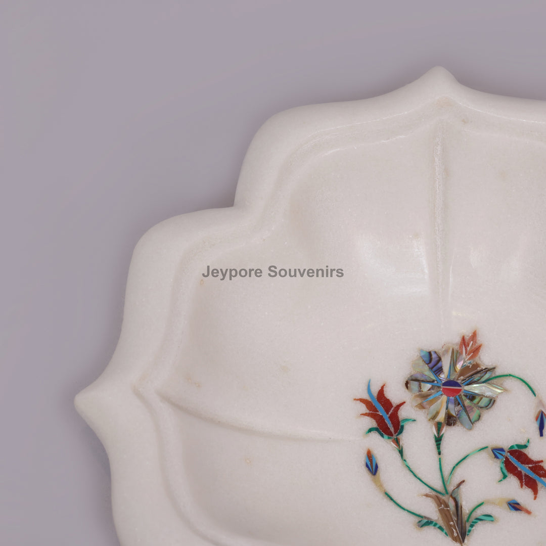 White Marble Lotus Bowl with Floral Pietra Dura Stone Inlay Design
