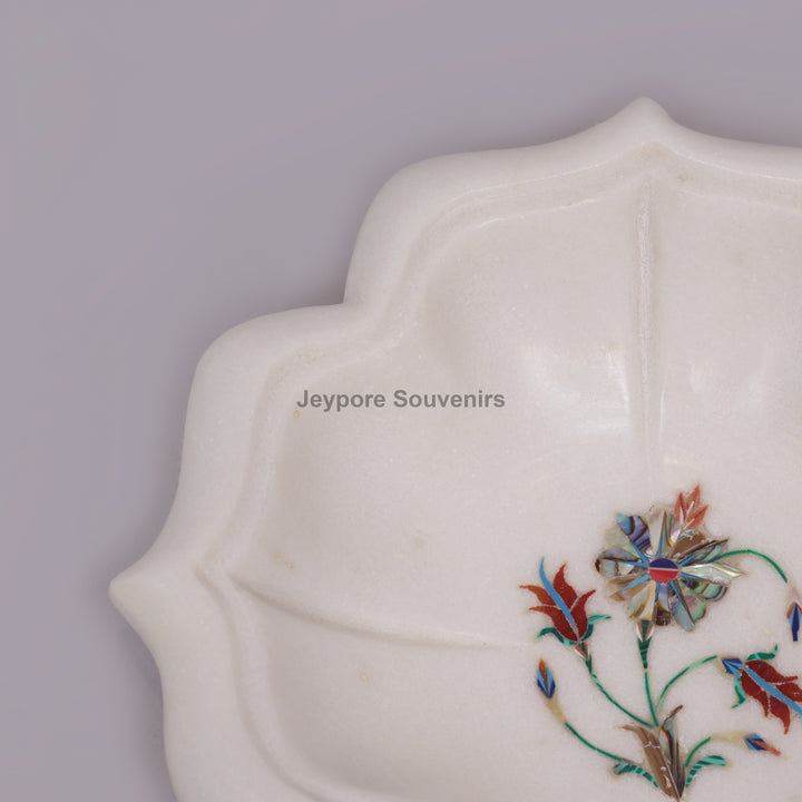 White Marble Lotus Bowl with Floral Pietra Dura Stone Inlay Design