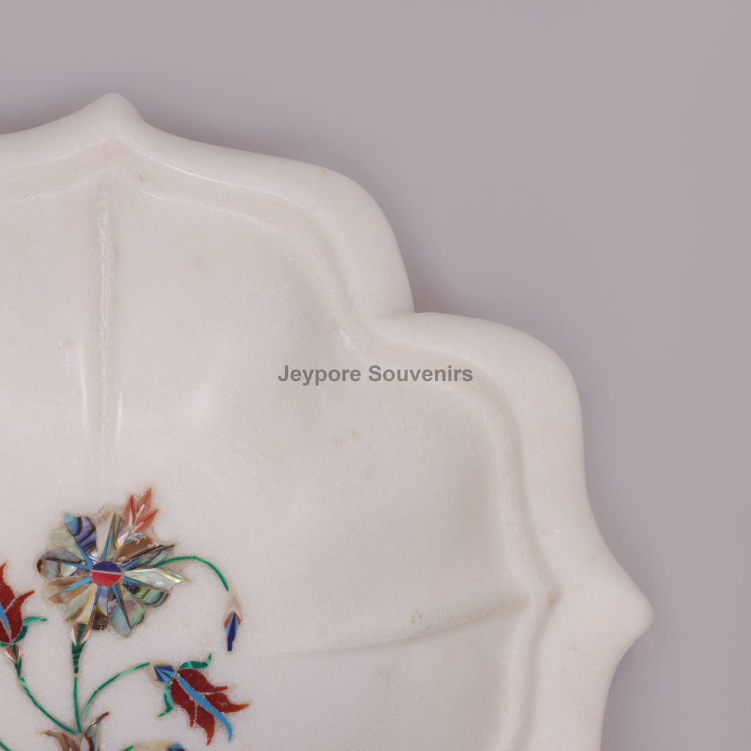 White Marble Lotus Bowl with Floral Pietra Dura Stone Inlay Design