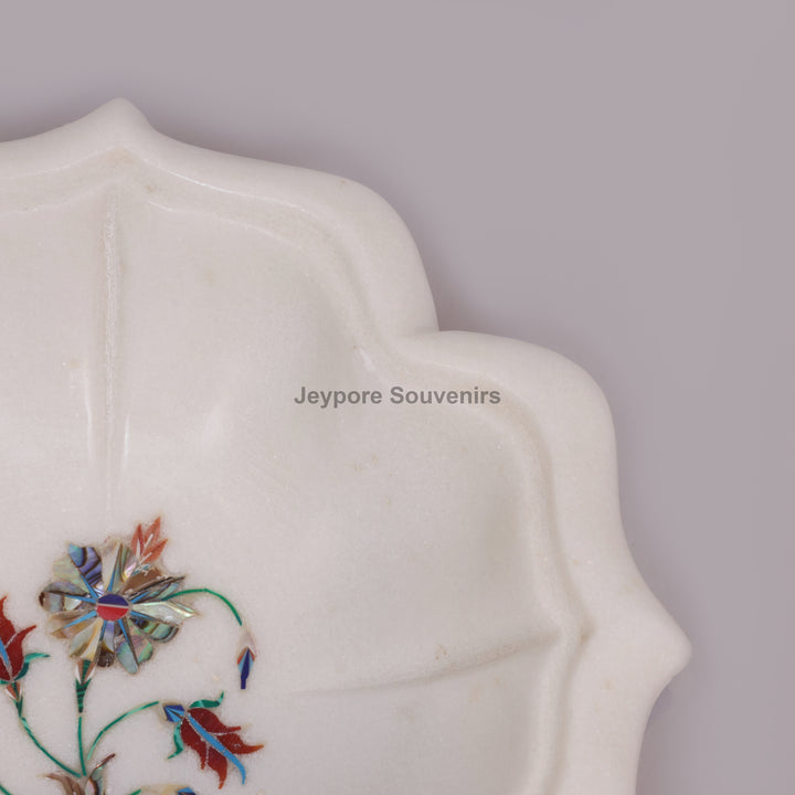 White Marble Lotus Bowl with Floral Pietra Dura Stone Inlay Design