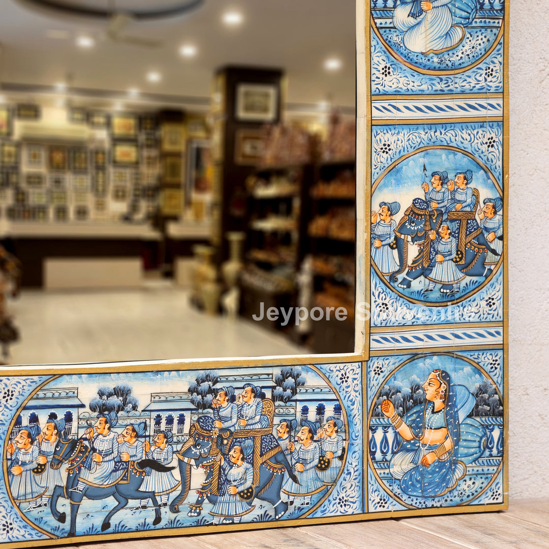 Handcrafted Blue Pottery Style Royal Procession Camel Bone Inlay Mirror Frame