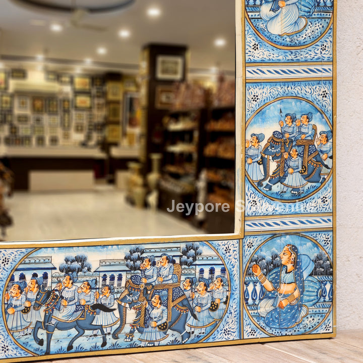 Handcrafted Blue Pottery Style Royal Procession Camel Bone Inlay Mirror Frame
