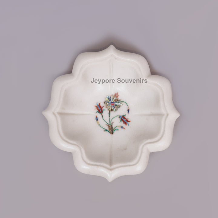 White Marble Lotus Bowl with Floral Pietra Dura Stone Inlay Design
