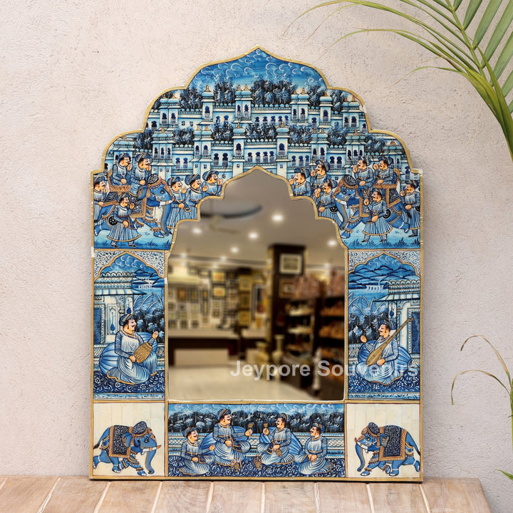 Handpainted Haveli Style Camel Bone Inlay Mirror with Royal Procession Artwork