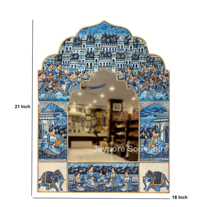 Handpainted Haveli Style Camel Bone Inlay Mirror with Royal Procession Artwork