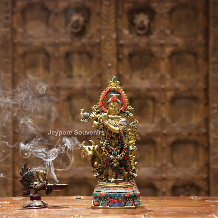 15 Inches Handcrafted Brass Meenakari Lord Krishna with Cow Statue