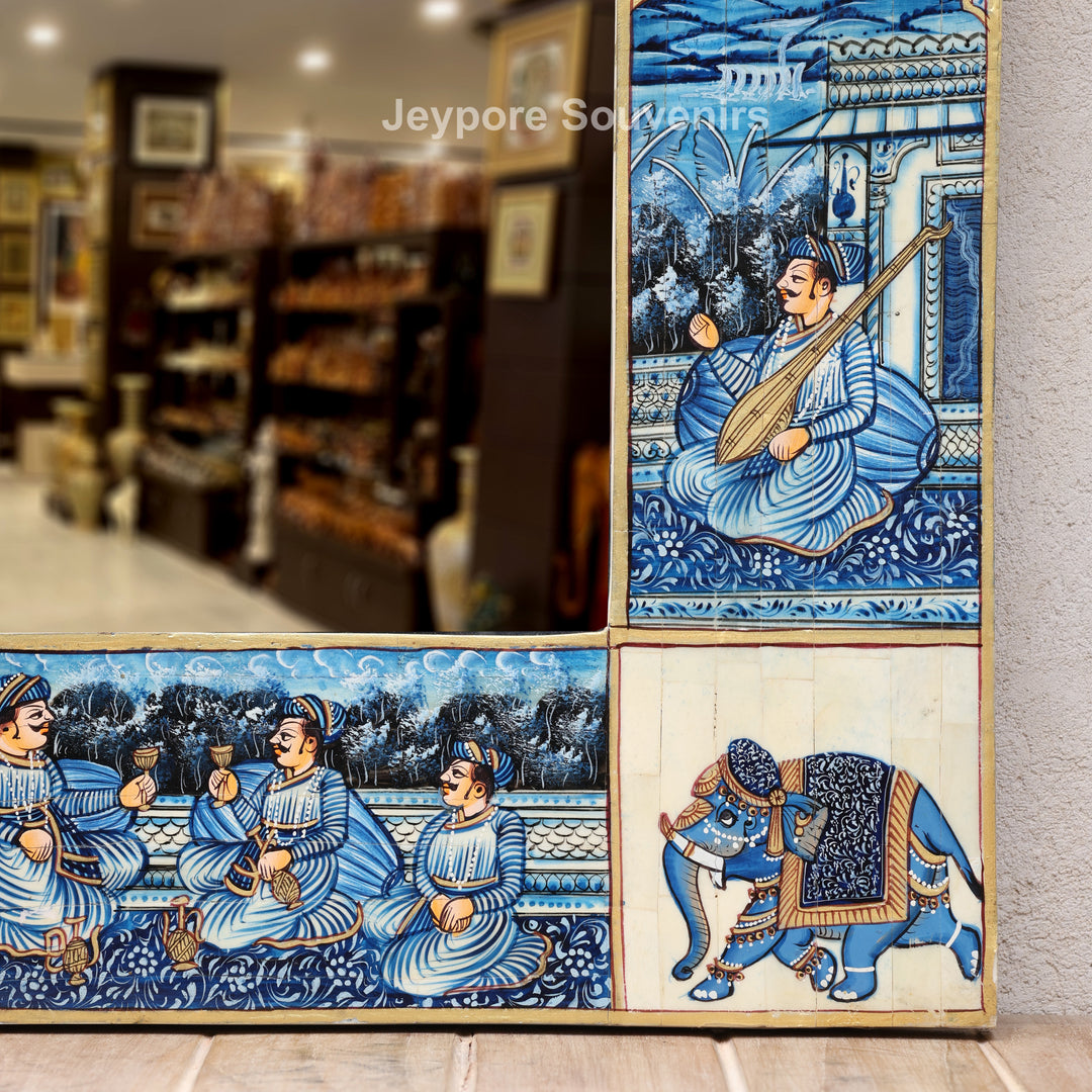 Handpainted Haveli Style Camel Bone Inlay Mirror with Royal Procession Artwork