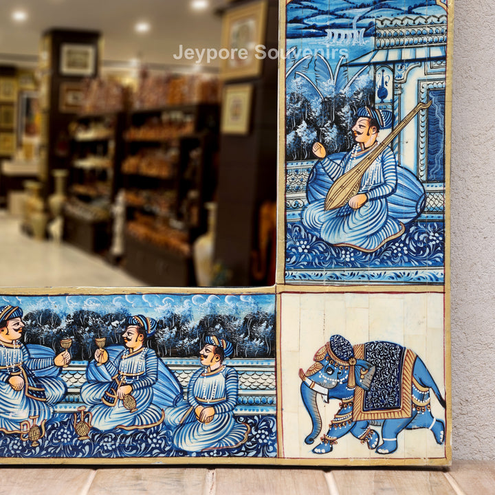 Handpainted Haveli Style Camel Bone Inlay Mirror with Royal Procession Artwork