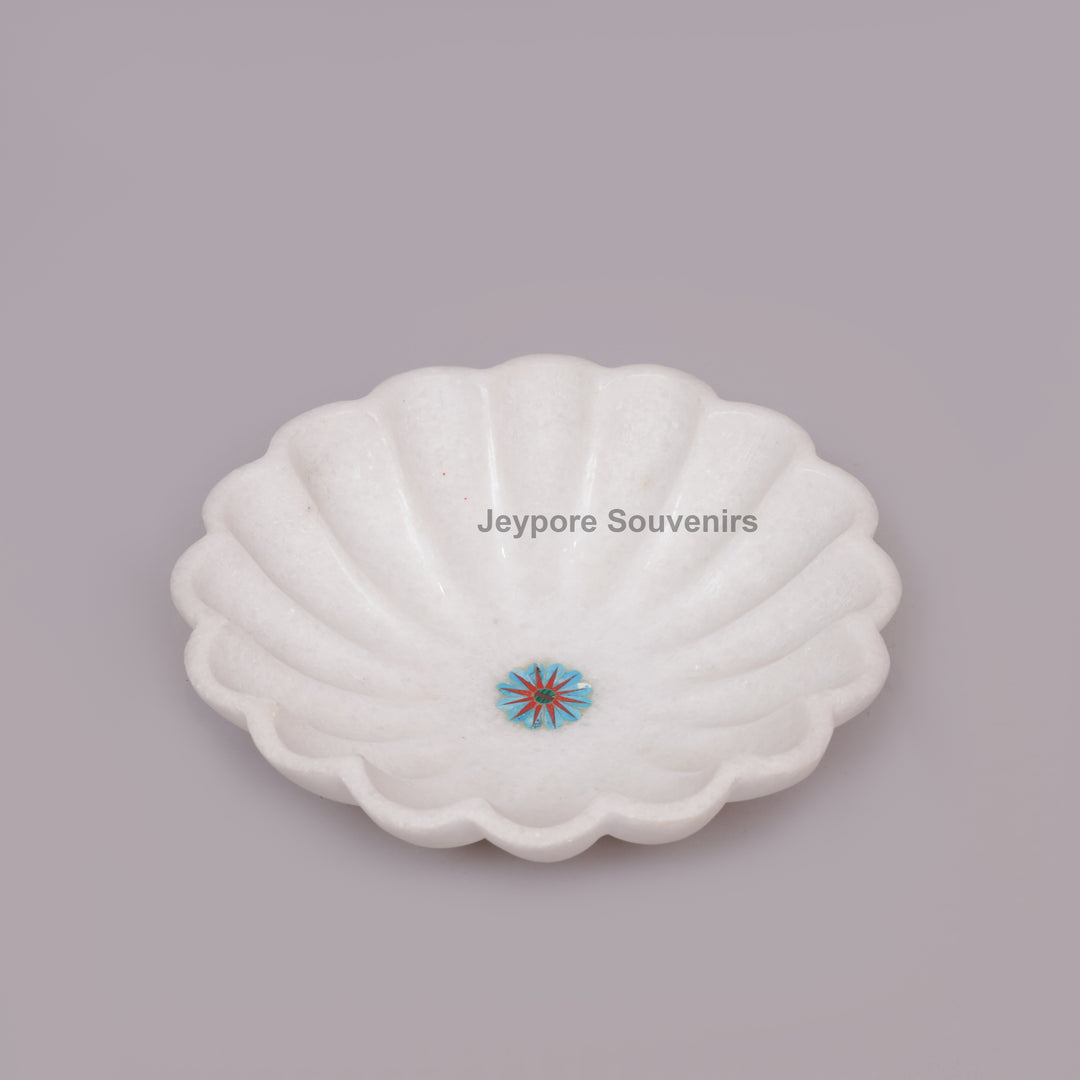 Handcrafted White Marble Fluted Bowl with Blue &amp; Red Floral Inlay