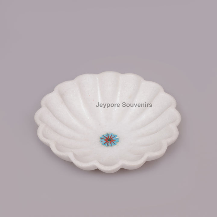 Handcrafted White Marble Fluted Bowl with Blue &amp; Red Floral Inlay
