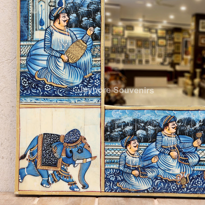 Handpainted Haveli Style Camel Bone Inlay Mirror with Royal Procession Artwork