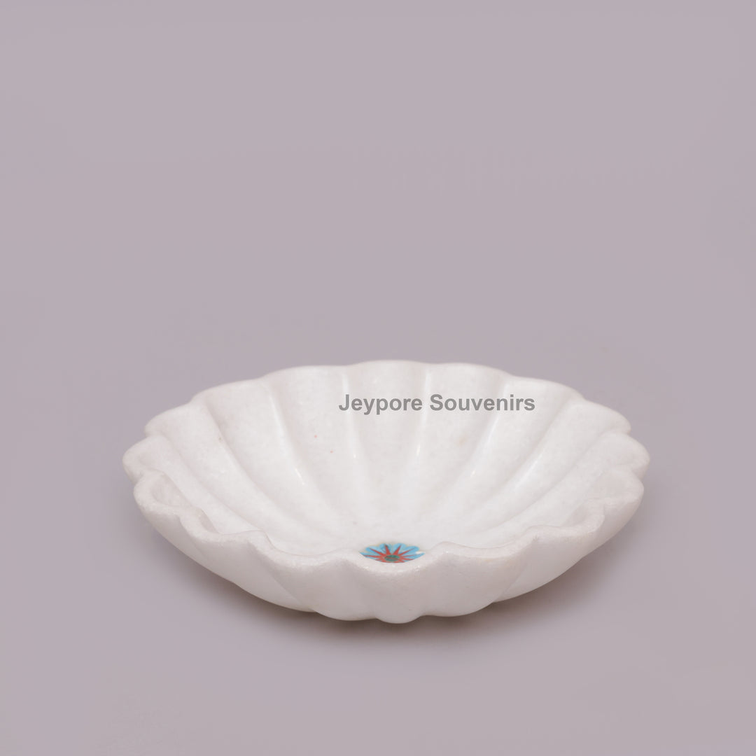 Handcrafted White Marble Fluted Bowl with Blue &amp; Red Floral Inlay