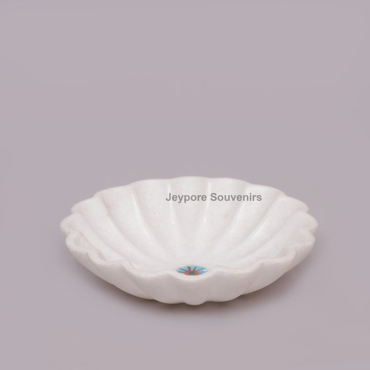 Handcrafted White Marble Fluted Bowl with Blue &amp; Red Floral Inlay