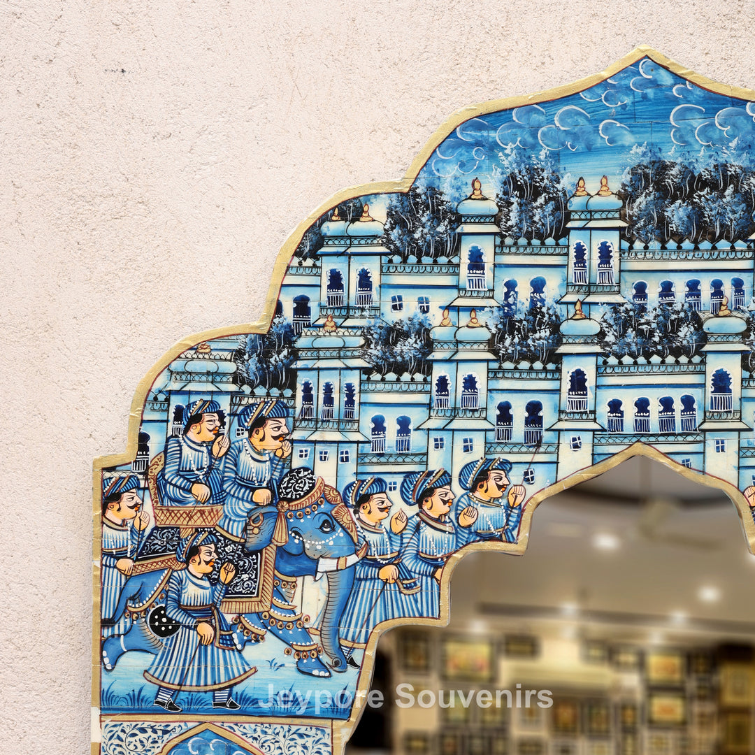 Handpainted Haveli Style Camel Bone Inlay Mirror with Royal Procession Artwork