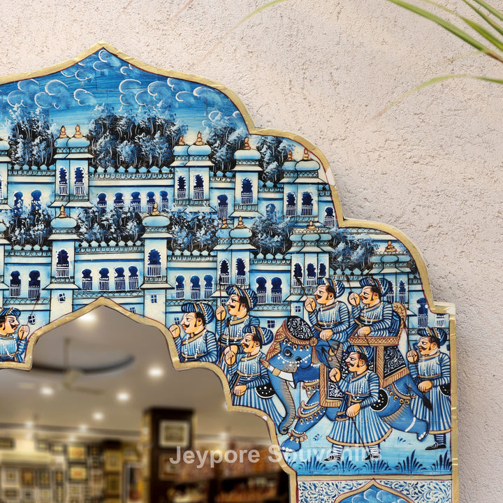 Handpainted Haveli Style Camel Bone Inlay Mirror with Royal Procession Artwork