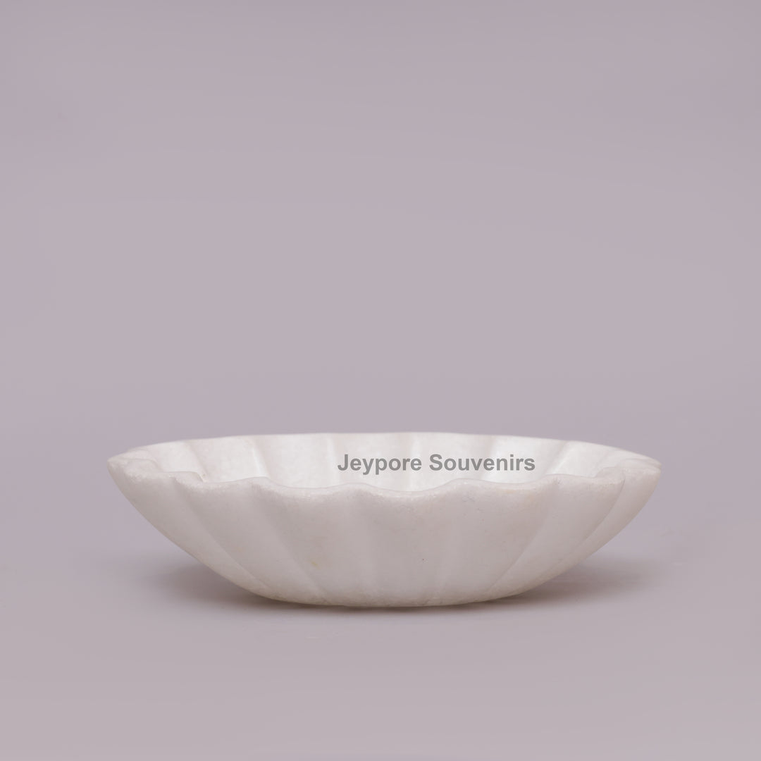 Handcrafted White Marble Fluted Bowl with Blue &amp; Red Floral Inlay