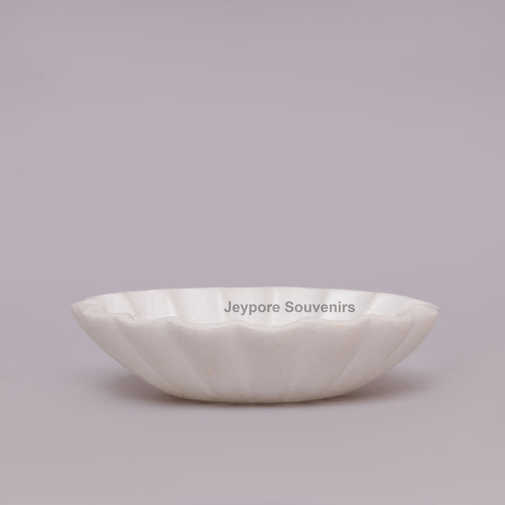 Handcrafted White Marble Fluted Bowl with Blue &amp; Red Floral Inlay