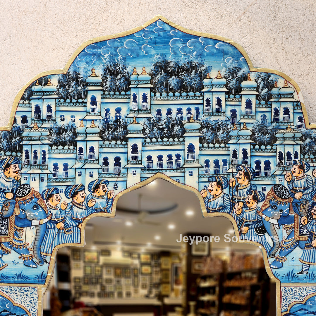 Handpainted Haveli Style Camel Bone Inlay Mirror with Royal Procession Artwork