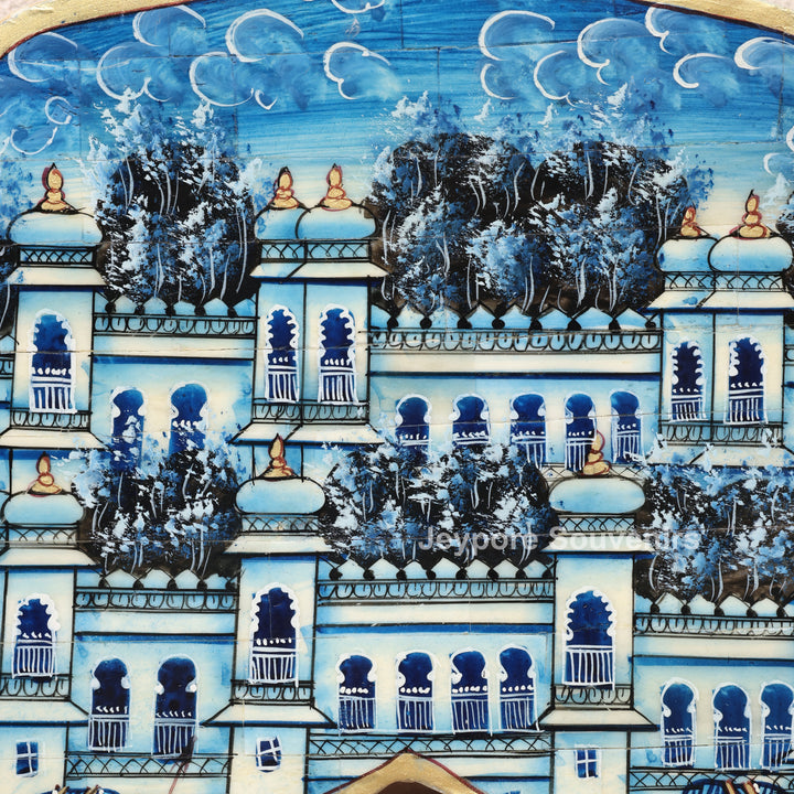 Handpainted Haveli Style Camel Bone Inlay Mirror with Royal Procession Artwork