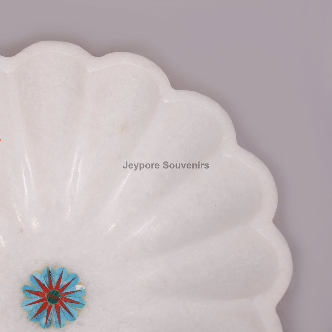 Handcrafted White Marble Fluted Bowl with Blue &amp; Red Floral Inlay