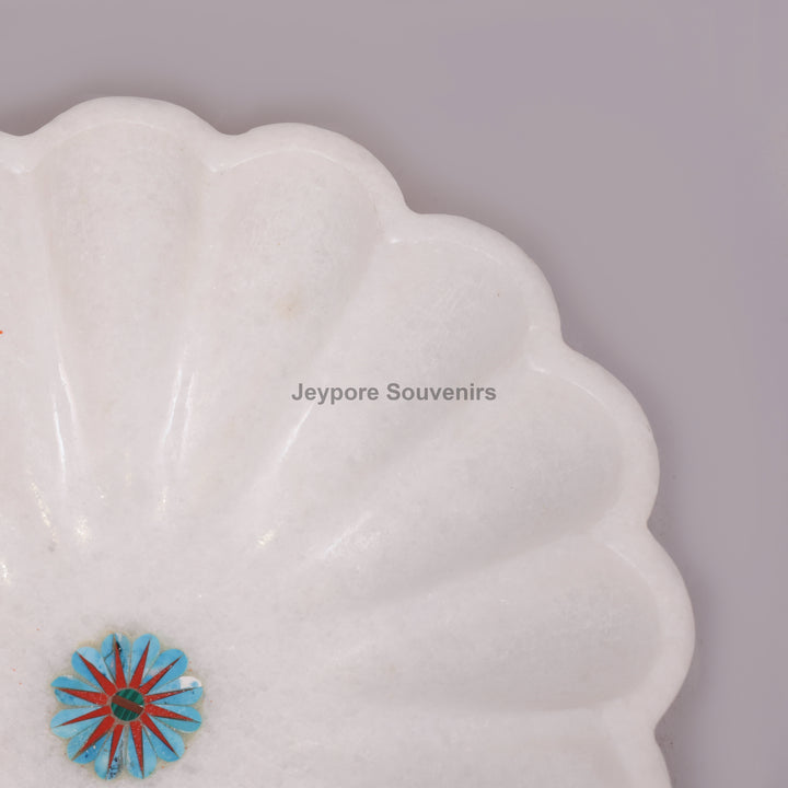 Handcrafted White Marble Fluted Bowl with Blue &amp; Red Floral Inlay