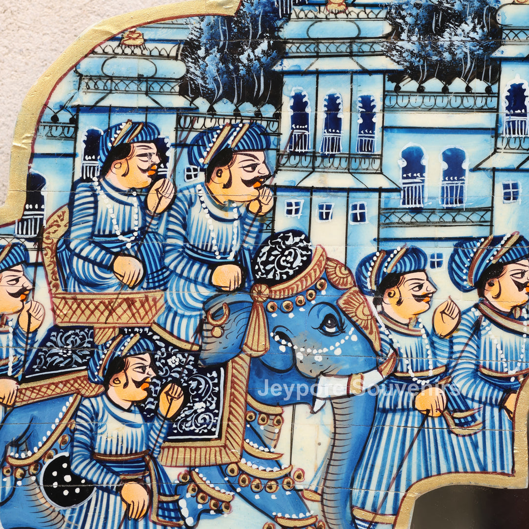 Handpainted Haveli Style Camel Bone Inlay Mirror with Royal Procession Artwork