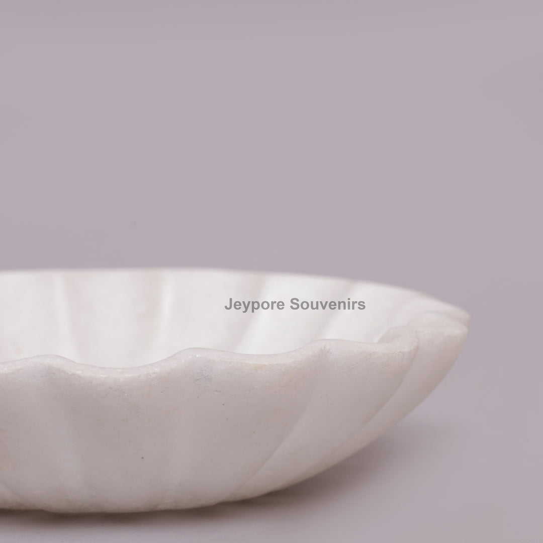 Handcrafted White Marble Fluted Bowl with Blue &amp; Red Floral Inlay