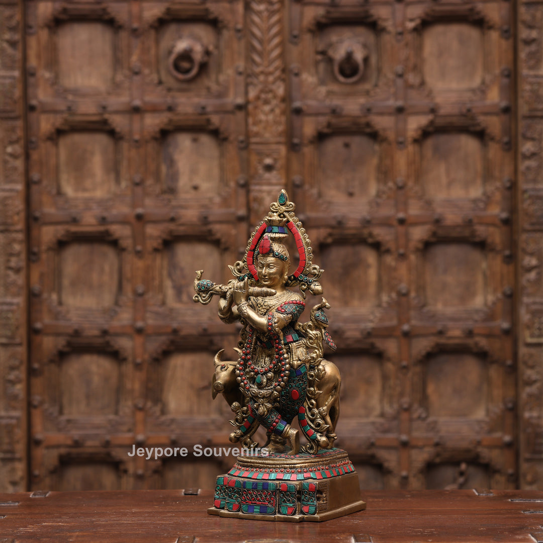 15 Inches Handcrafted Brass Meenakari Lord Krishna with Cow Statue