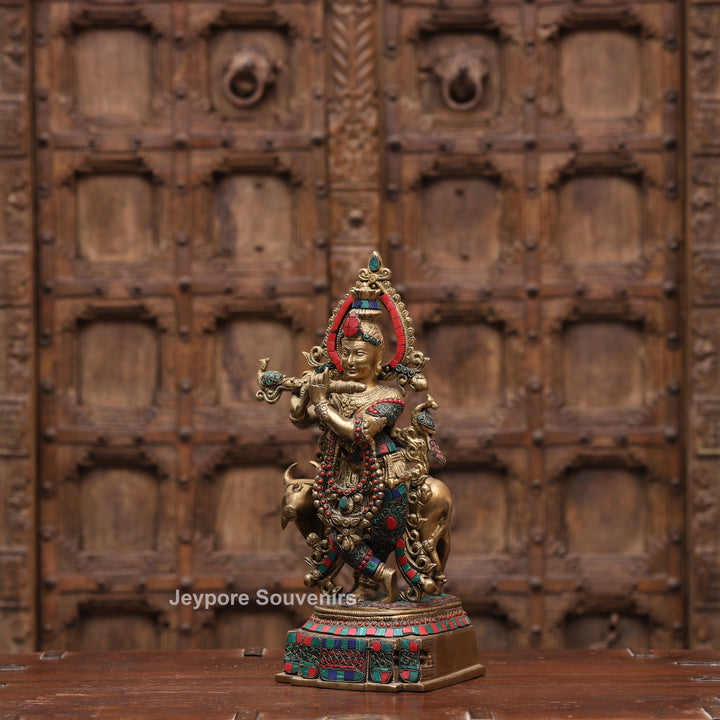 15 Inches Handcrafted Brass Meenakari Lord Krishna with Cow Statue