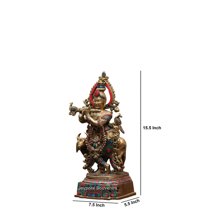 15 Inches Handcrafted Brass Meenakari Lord Krishna with Cow Statue