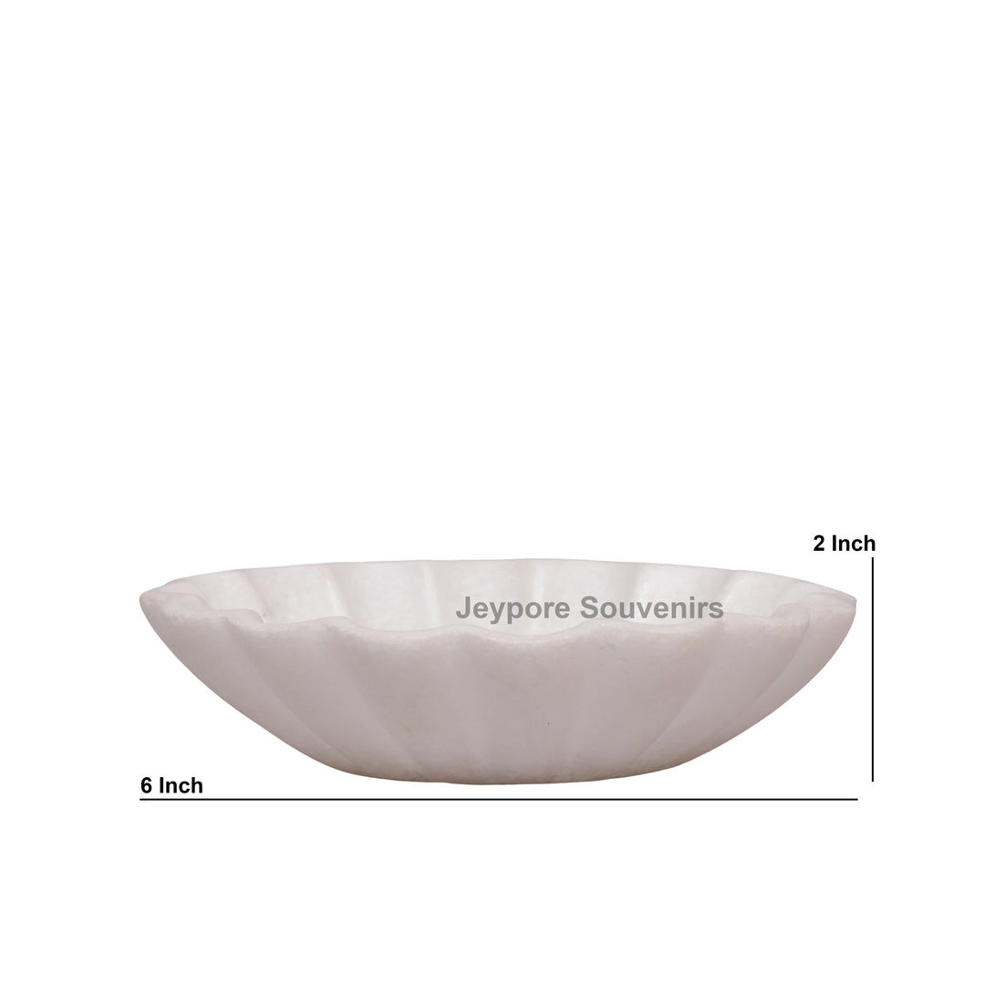 Handcrafted White Marble Fluted Bowl with Blue &amp; Red Floral Inlay