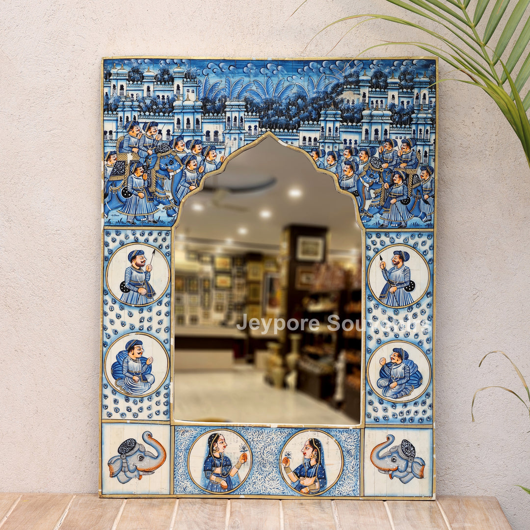 Hand-Painted Blue Rajasthani Royal Procession Camel Bone Inlay Haveli Style Mirror Frame