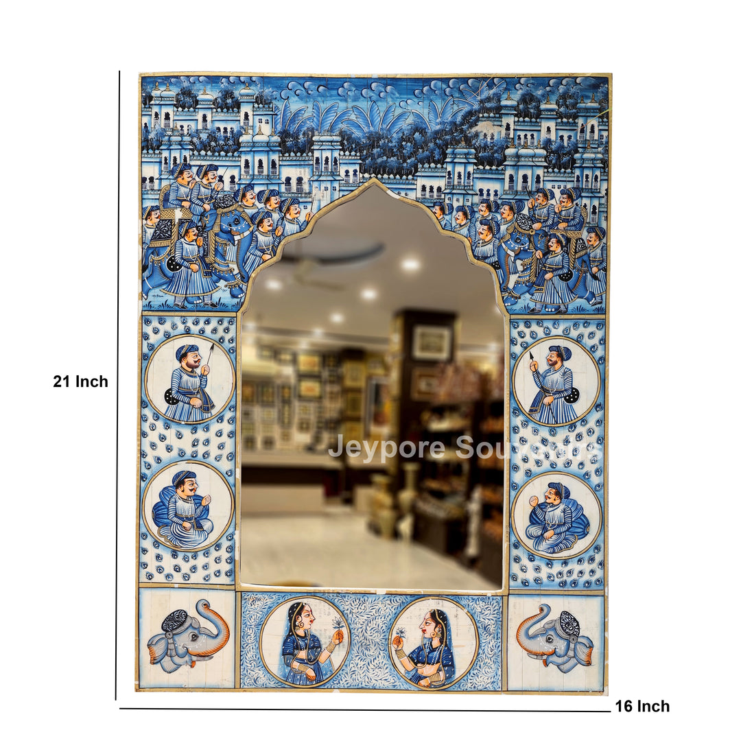 Hand-Painted Blue Rajasthani Royal Procession Camel Bone Inlay Haveli Style Mirror Frame