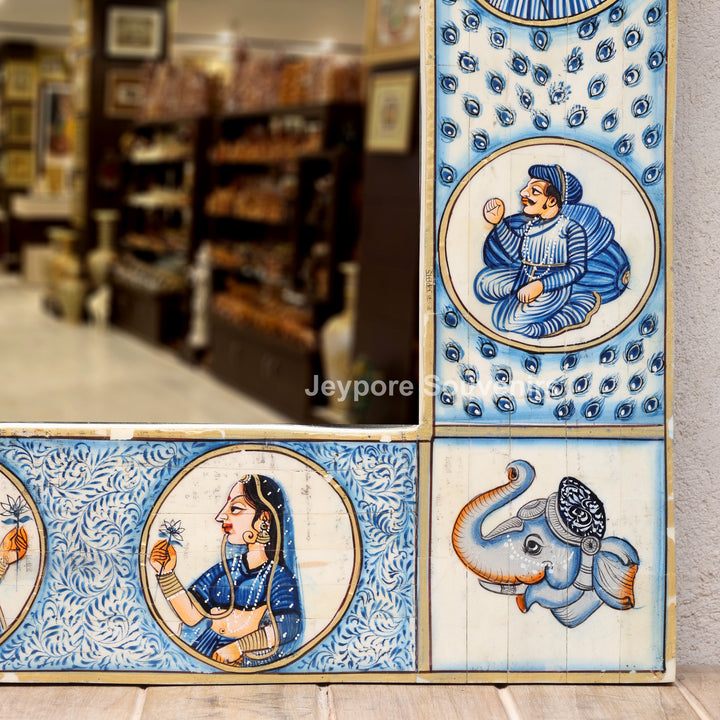 Hand-Painted Blue Rajasthani Royal Procession Camel Bone Inlay Haveli Style Mirror Frame