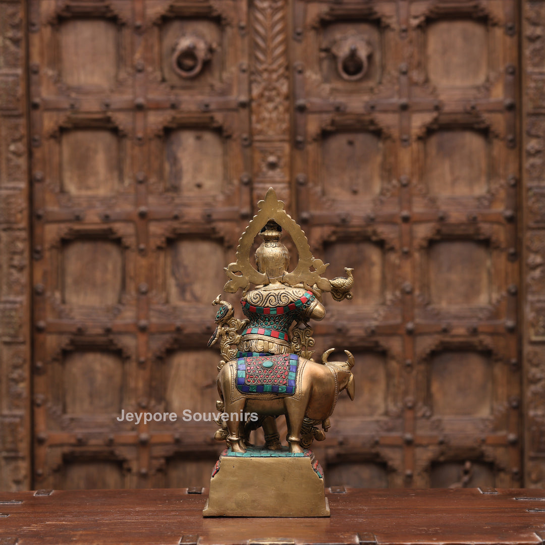 15 Inches Handcrafted Brass Meenakari Lord Krishna with Cow Statue