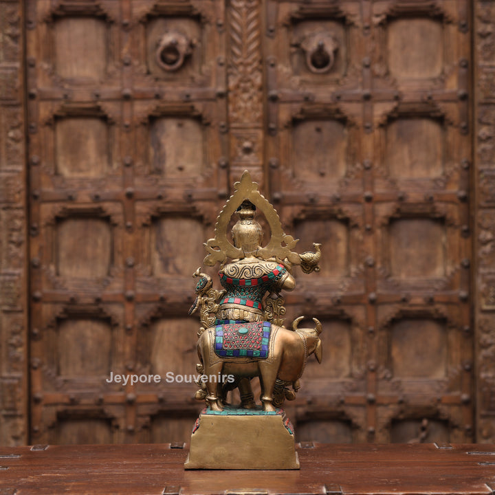 15 Inches Handcrafted Brass Meenakari Lord Krishna with Cow Statue