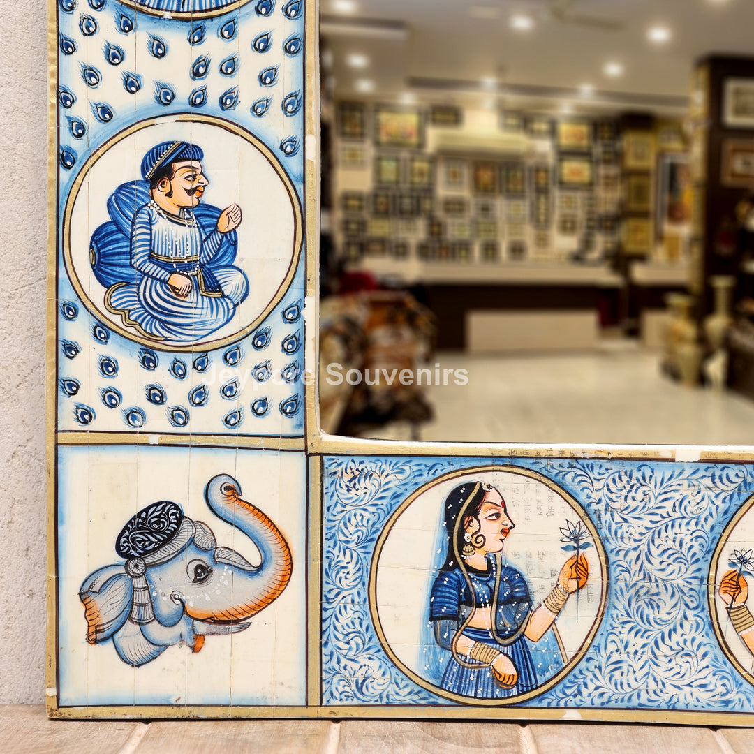Hand-Painted Blue Rajasthani Royal Procession Camel Bone Inlay Haveli Style Mirror Frame