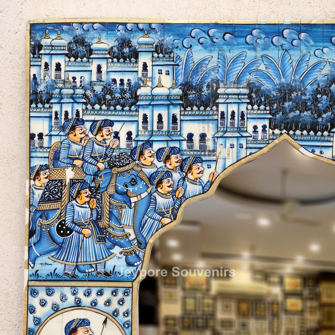 Hand-Painted Blue Rajasthani Royal Procession Camel Bone Inlay Haveli Style Mirror Frame