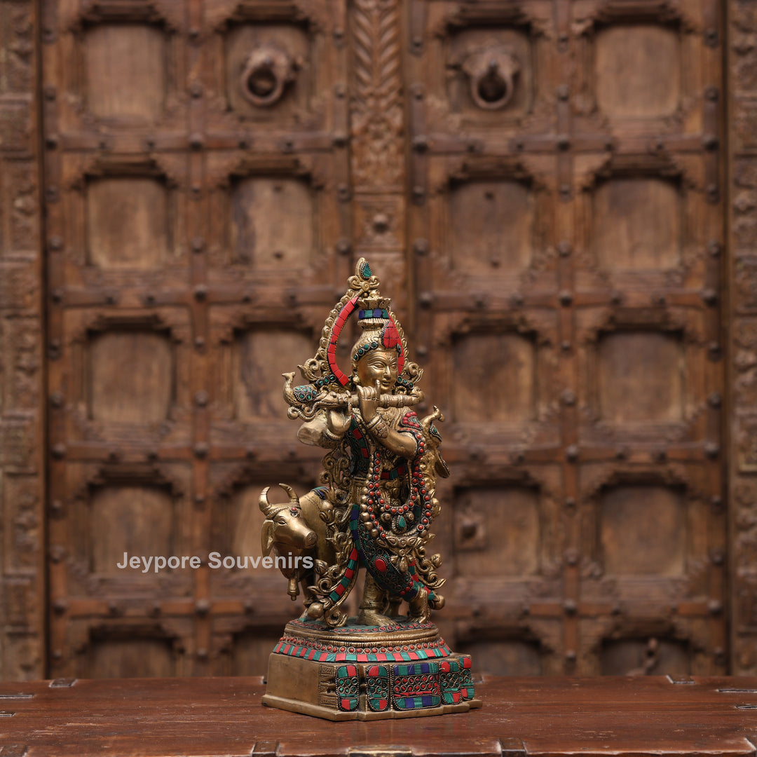 15 Inches Handcrafted Brass Meenakari Lord Krishna with Cow Statue