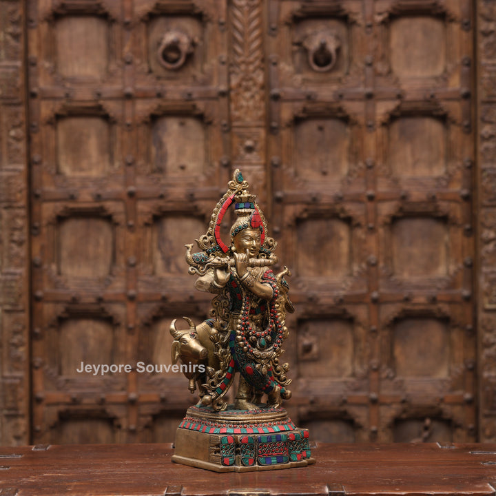 15 Inches Handcrafted Brass Meenakari Lord Krishna with Cow Statue