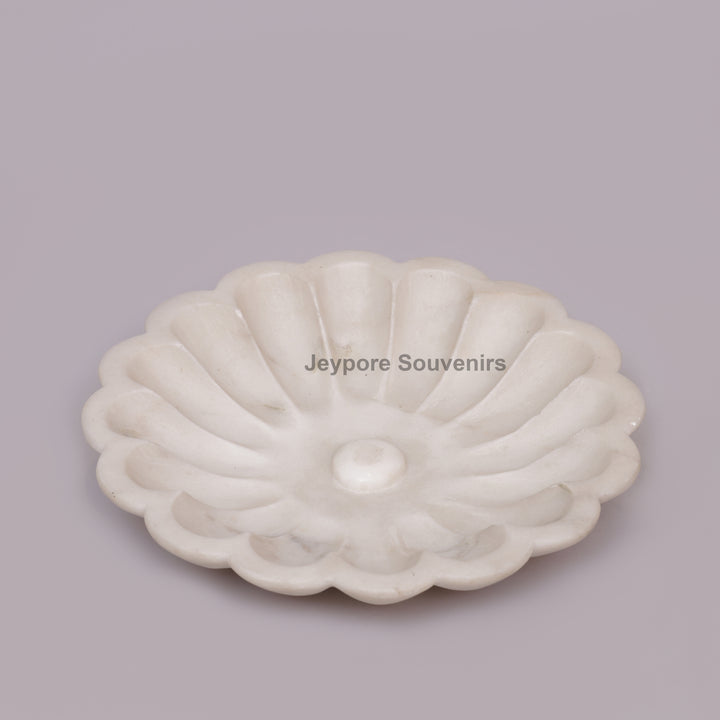 Hand-Carved White Marble Flower-Shaped Decorative Bowl