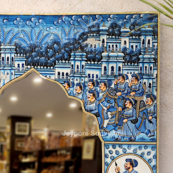 Hand-Painted Blue Rajasthani Royal Procession Camel Bone Inlay Haveli Style Mirror Frame