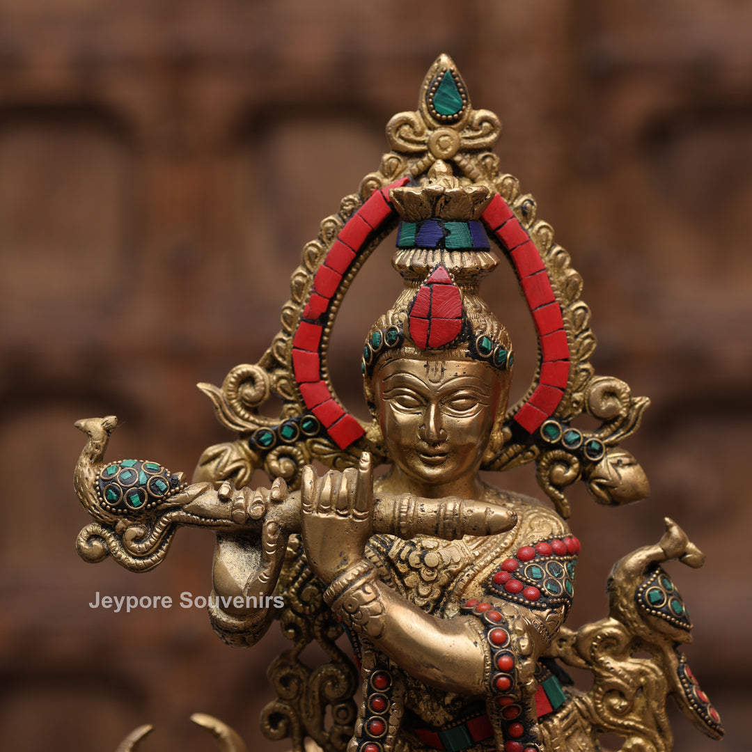 15 Inches Handcrafted Brass Meenakari Lord Krishna with Cow Statue