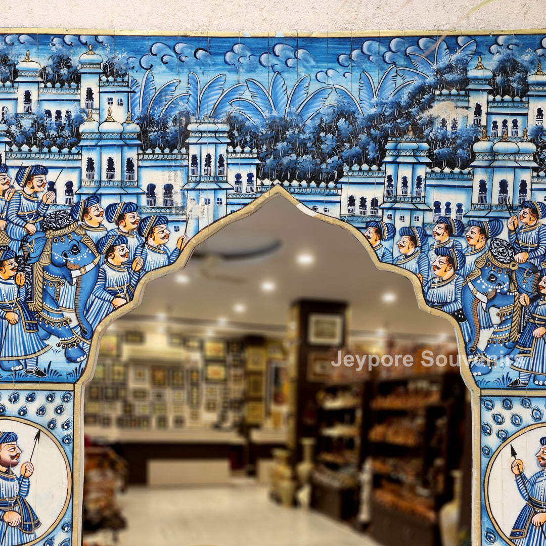 Hand-Painted Blue Rajasthani Royal Procession Camel Bone Inlay Haveli Style Mirror Frame