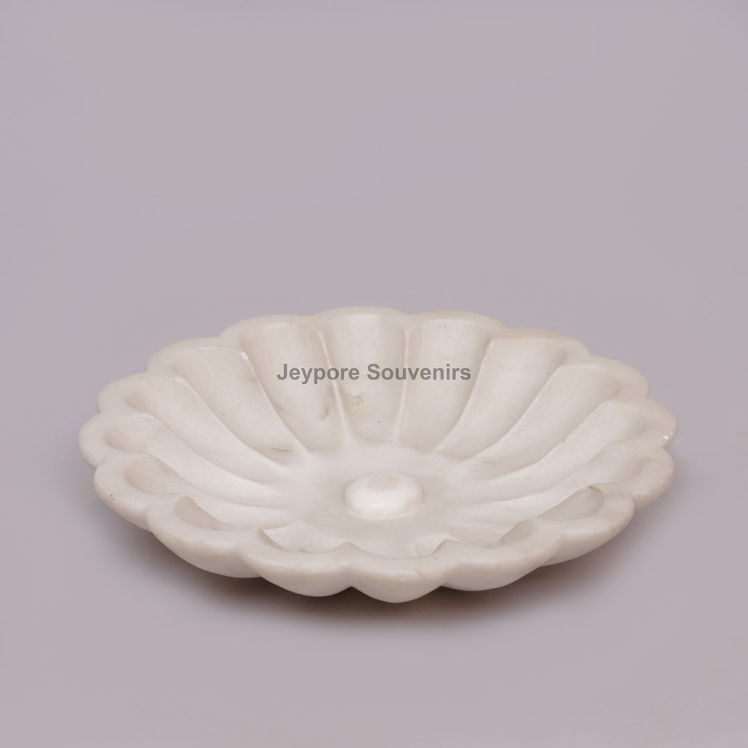 Hand-Carved White Marble Flower-Shaped Decorative Bowl