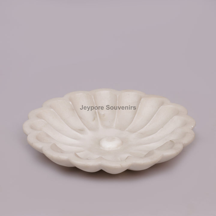 Hand-Carved White Marble Flower-Shaped Decorative Bowl