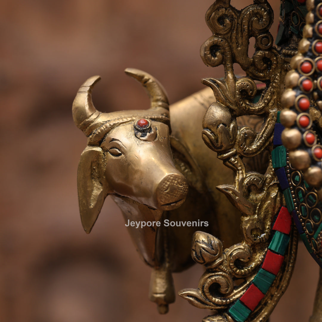 15 Inches Handcrafted Brass Meenakari Lord Krishna with Cow Statue