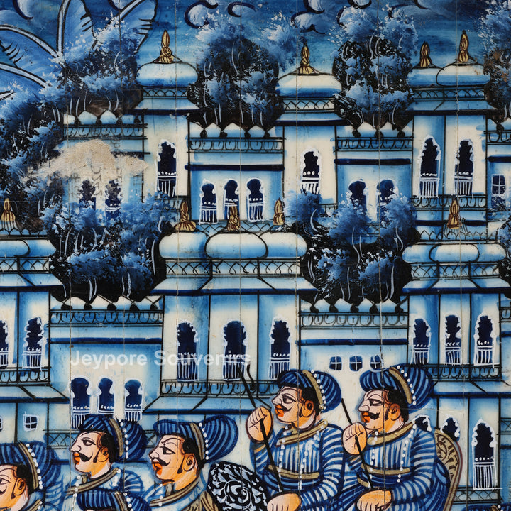 Hand-Painted Blue Rajasthani Royal Procession Camel Bone Inlay Haveli Style Mirror Frame
